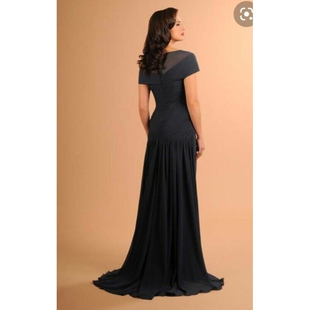 Navy Blue Short-Sleeve Bridal Gown with Embellished Waist - Picture 2 of 9